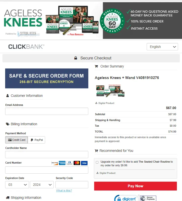 Ageless Knees -pricing